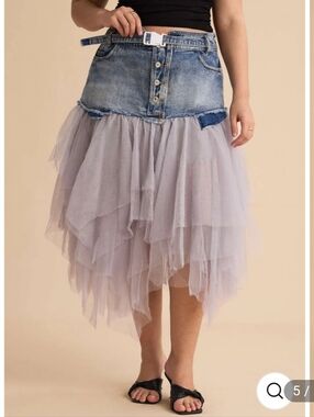 MICAS Denim Tulle Patchwork Highwaisted Festival, Fairy, Western Midi Skirt